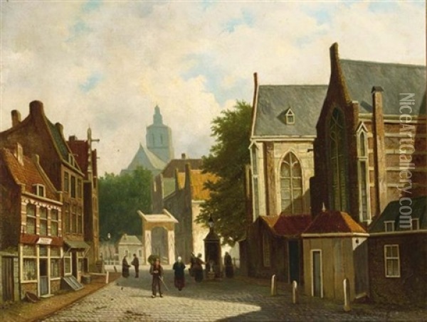 Townsfolk In A Sunlit Dutch Town Oil Painting - Frederik Roosdorp