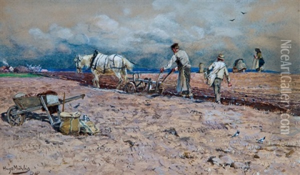 Bauern Auf Dem Feld Unter Bewolktem Himmel Oil Painting - Hugo Muehlig