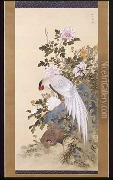 Pheasants Rock and Flowers Oil Painting - Nakabayashi Chikkei