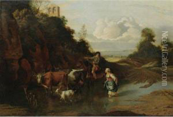 Landscape With A Peasant Girl And Man On Horseback Fording Astream With Cattle And Goats Oil Painting - Jan Siberechts