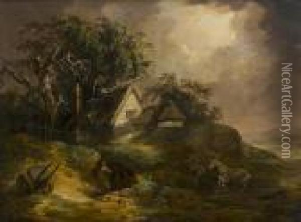 A Stormy Landscape With Farmers Seeking Shelter And A Horse Frightened By Lightning Oil Painting - George Morland