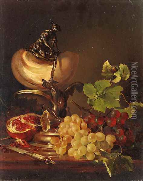 Still life with grapes, pomegranate and a nautilus cup Oil Painting - Adalbert Schaffer