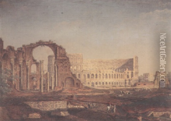 A View Of The Coliseum With Elegant Figures And Others By Classical Ruins In The Foreground Oil Painting - Jacob Philipp Hackert