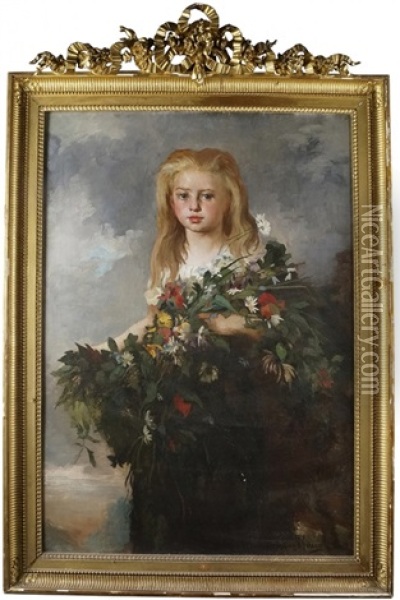 Portrait De Jeune Fille Au Bouquet De Fleurs Des Champs Oil Painting - Eugene Romain Thirion