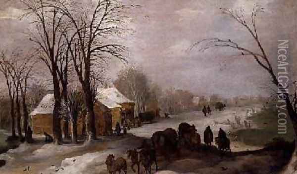 Travellers in the snow Oil Painting - Josse de Momper