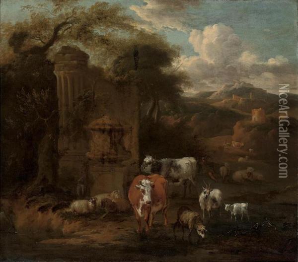 An Extensive Mountainous 
Landscape With A Herd Of Cattle, Sheep And Goats At Water, By Classical 
Ruins, A Hilltop Tower And Fortress Beyond Oil Painting - Michiel Carre