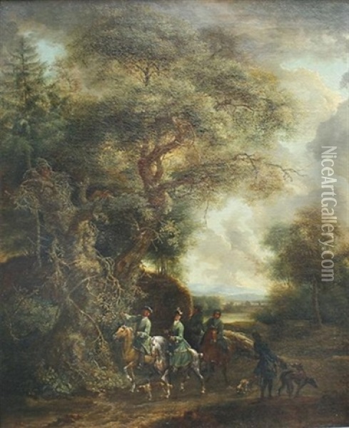 Jagdgesellschaft Zu Pferde Und Hundefuhrer An Einer Wegbiegung Oil Painting - Johann Elias Ridinger