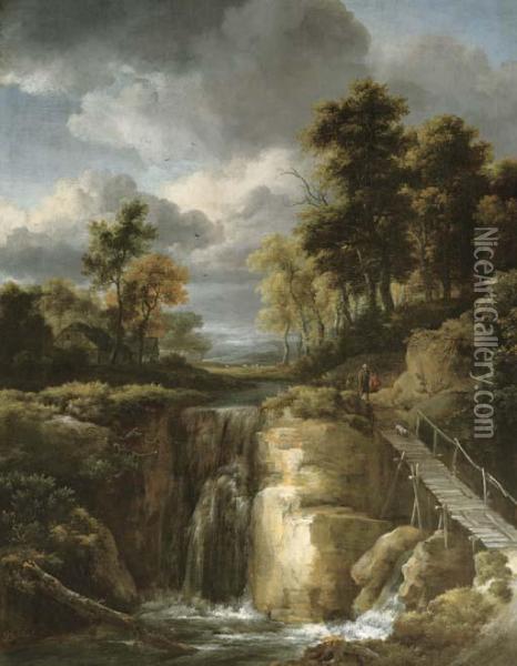 A Wooded River Landscape With A Waterfall And Figures Oil Painting - Jacob Van Ruisdael
