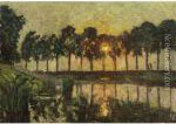 Trees By A Lake, Sunset Oil Painting - Emile Claus