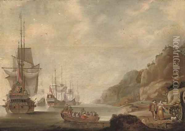 The Dutch fleet lying off a rocky shore with an officer being rowed out Oil Painting - Jacob Knyff