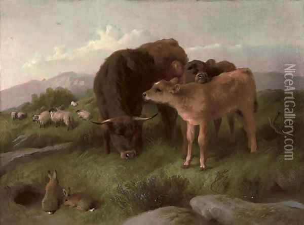Cattle, sheep and rabbits on a hillside Oil Painting - George W. Horlor
