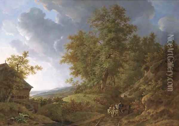 An extensive rolling landscape with travellers on a sandy track by a watermill Oil Painting - Adrianus Van Der Koogh