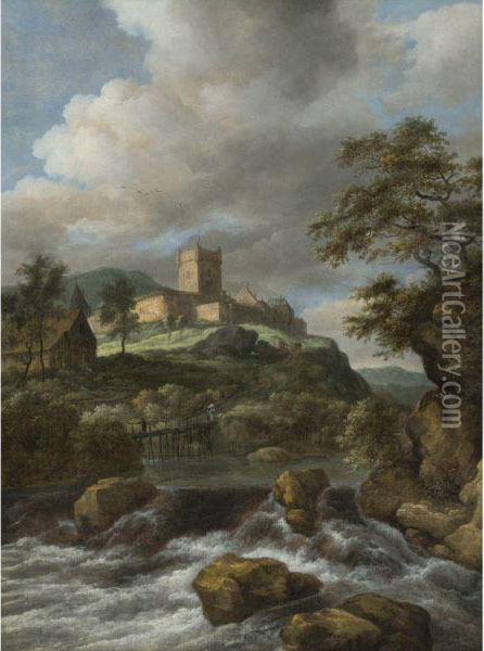 Waterfall With A Castle Beyond Oil Painting - Jacob Van Ruisdael