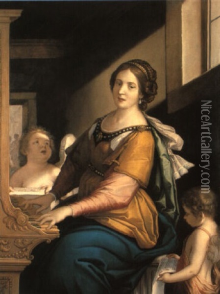 Die Hl. Cacilie Beim Orgelspiel, Von Zwei Engelputten Assistiert Oil Painting - Francesco Giovanni Gessi