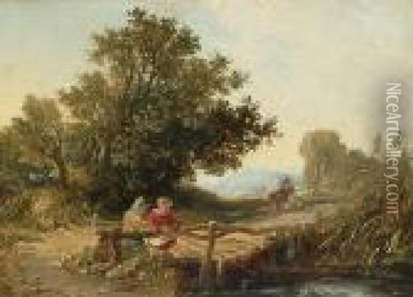 Children Fishing Beside A Wooden Bridge. Oil Painting - William James Muller