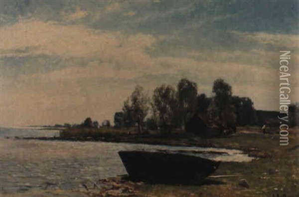 Roddbat Pa Strand, I Bakgrunden Stugor Och Promenerande Figurer Oil Painting - Gustaf Rydberg