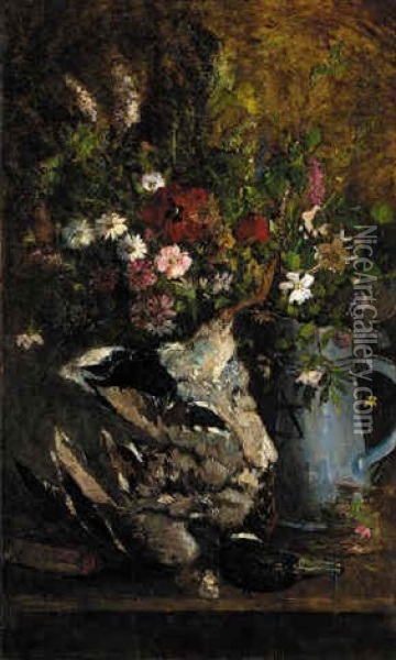 Summer Flowers In A Jug Alongside A Mallard On A Table Oil Painting - Philippe Rousseau