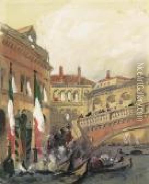 A Procession Disembarking, Rialto Bridge, Venice Oil Painting - Hercules Brabazon Brabazon