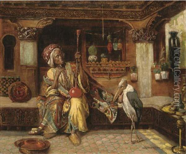 Oriental Smoker With Hookah And Marabou Oil Painting - Gyula Tornai