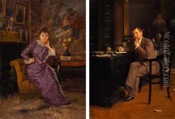 Gegenstucke: Bildnisse Eines Ehepaares In Interieur Oil Painting - Basile Lemeunier