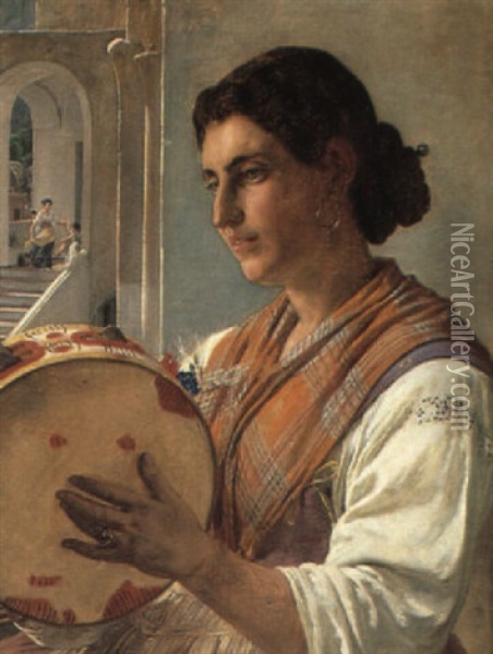 Ung Italiensk Kvinde Med Tamburin, I Baggrunden Legende Born Oil Painting - Jorgen Roed