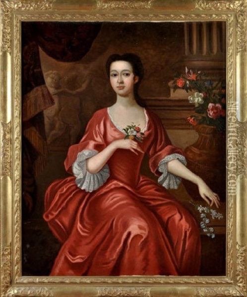 Three-quarter Length Portrait Of A Lady In A Red Lace-trimmed Dress Oil Painting - Michael Dahl