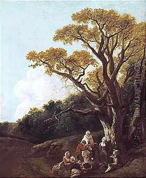 Wooded Landscape With Peasants And Donkey Round A Fire, Figures And Distant Church (The Gypsies) Oil Painting - Thomas Gainsborough