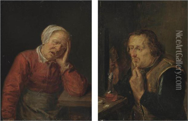 An Old Woman Asleep; And A Man Combing His Beard Oil Painting - Joos van Craesbeeck