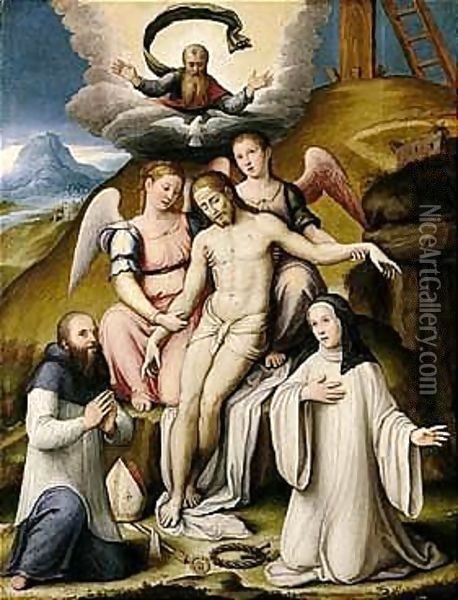 Pieta With Two Angels And A Bishop And A Nun Kneeling Before The Dead Christ Oil Painting - Luca Longhi