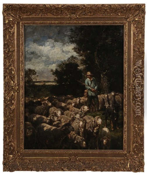 Shepherd With Flock Of Sheep Oil Painting - Charles Emile Jacque
