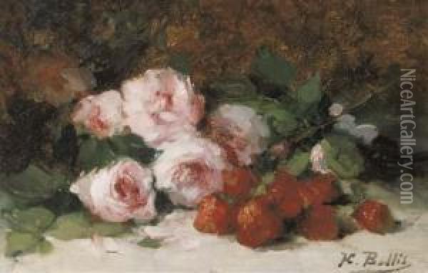 Strawberries And Pink Roses On A Ledge Oil Painting - Hubert Bellis