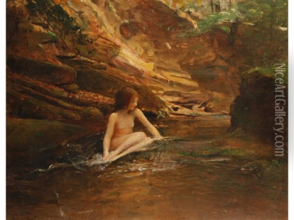 The Kelpie (girl Seated On Rock In Stream) Oil Painting - George Williams Joy
