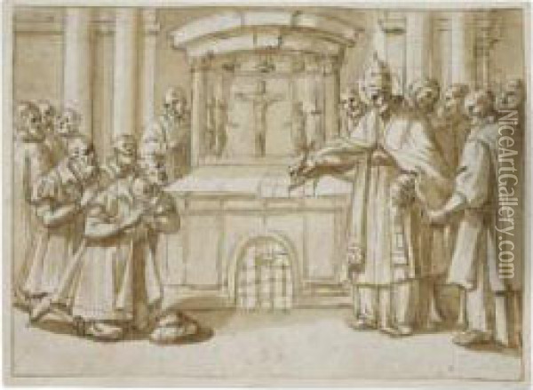 A Pope Drawing Plans On An Altar Oil Painting - Giovanni Battista Ricci