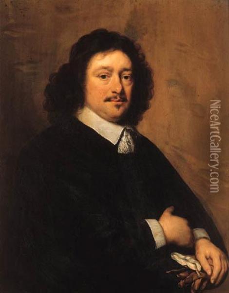 Portrait Of A Gentleman, 
Half-length, Wearing A Black Coat And Alace Collar, Holding A Pair Of 
Gloves Oil Painting - Cornelius Jonson