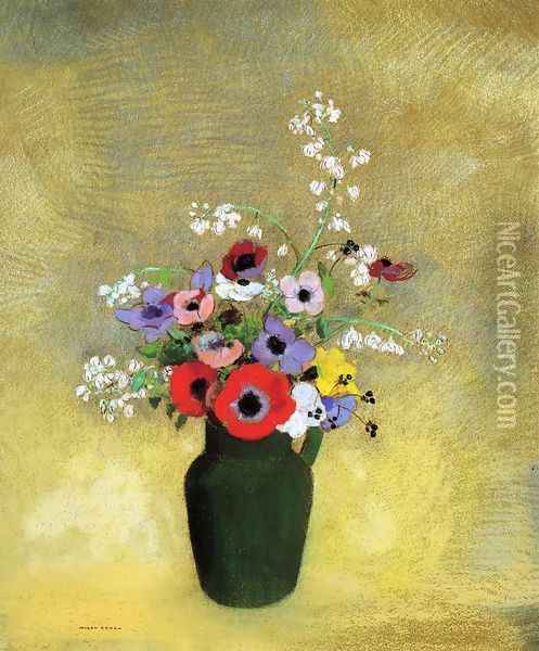Flowers In A Green Pitcher Oil Painting - Odilon Redon