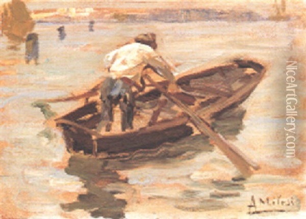 Barcaiolo In Laguna Oil Painting - Alessandro Milesi