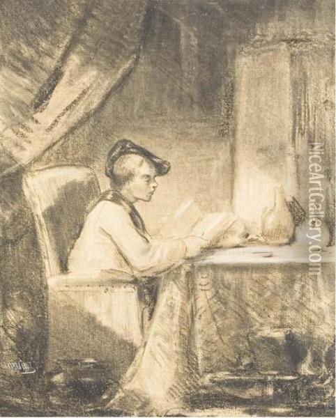 Jeune Homme Assis A Son Bureau Tenant Un Livre A La Main Oil Painting - Narcisse-Virgile D Az De La Pena