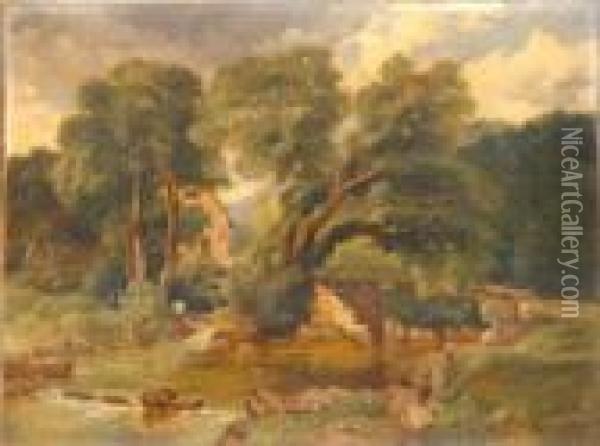 Figures By A River And Mill Oil Painting - Henry Jutsum