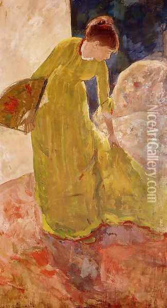 Woman Standing Holding A Fan Oil Painting - Mary Cassatt