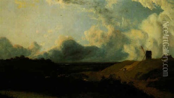 Weite Dunenlandschaft Mit Schafen Und Einer Windmuhle Oil Painting - Henry Bright