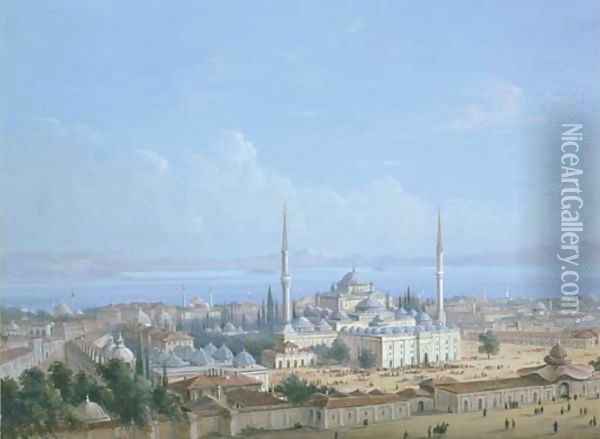 The Sultan Beyazit II Mosque Complex with a View of the Golden Horn beyond, Constantinople Oil Painting - Carlo Bossoli