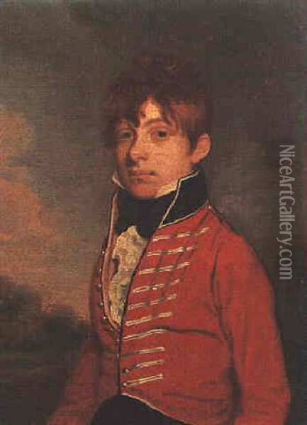 Portrait Of David Harriott, Aged 17, Standing In A Landscape Wearing A Uniform Oil Painting - Richard Livesay