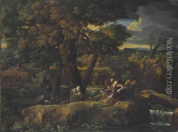 An Extensive River Landscape With Saint Jerome And A Group Of Monks Oil Painting - Pier Francesco Mola