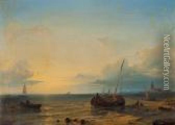 Segelboote An Der Kuste Im Abendlicht Oil Painting - Abraham Hulk Jun.