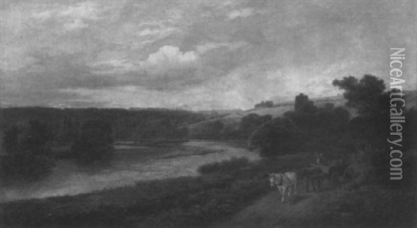 Horse Cart On A Riverside Track Oil Painting - James Peel