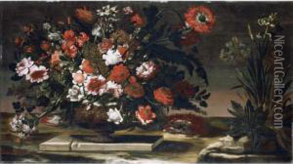 Still Life Of Flowers In A Brass Urn Oil Painting - Andrea Scaccati