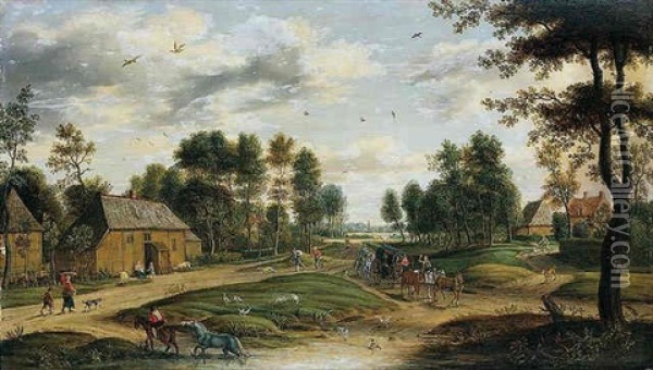 A Landscape With A Waggon And Other Figures Passing Through A Village Oil Painting - Isaac Van Oosten