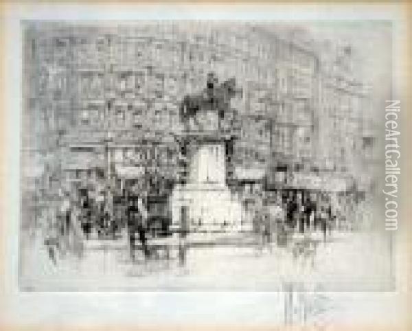 The Strand And Charing Cross Signed In Pencil 3.5 X 5in Oil Painting - William Walcot