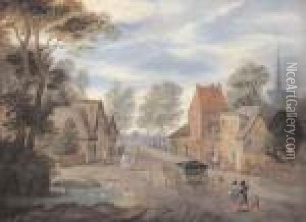 A Village Landscape With Women Walking Along A Path With A Horseand Cart Oil Painting - Jan The Elder Brueghel