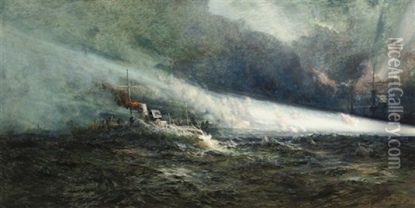 The 1st Class Torpedo Boat Tb-80 On Night Manoeuvres With The Fleet Oil Painting - George Cochrane Kerr